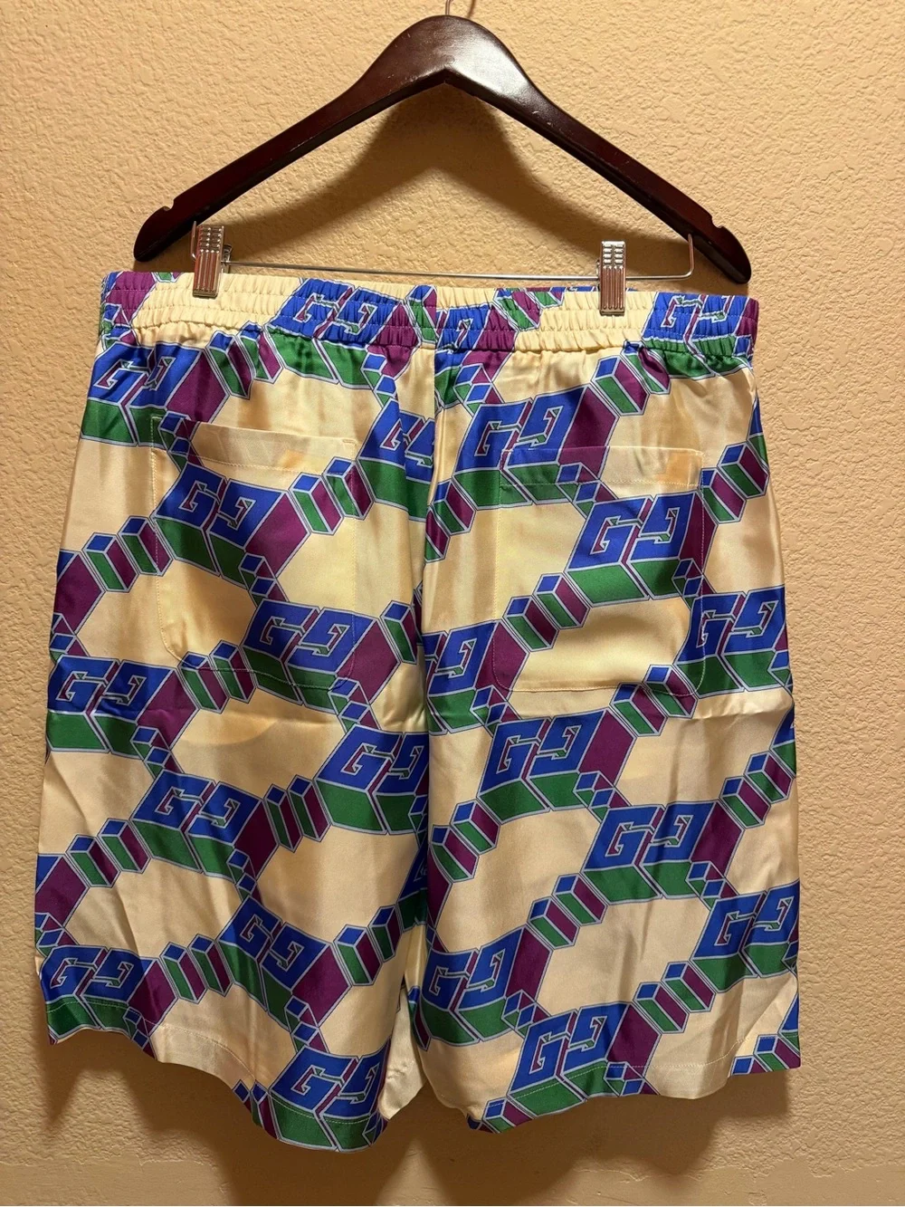 New Gucci GG Logo Silk Shorts Cream Blue Size IT 54 / US L 36 - 40 Waist